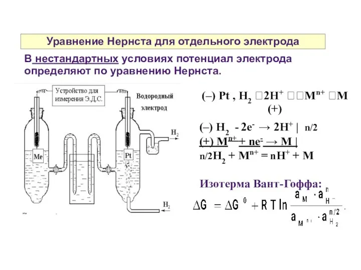 Уравнение Нернста для отдельного электрода В нестандартных условиях потенциал электрода определяют