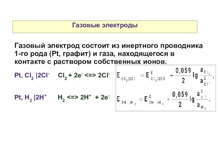 Газовые электроды Газовый электрод состоит из инертного проводника 1-го рода (Pt,