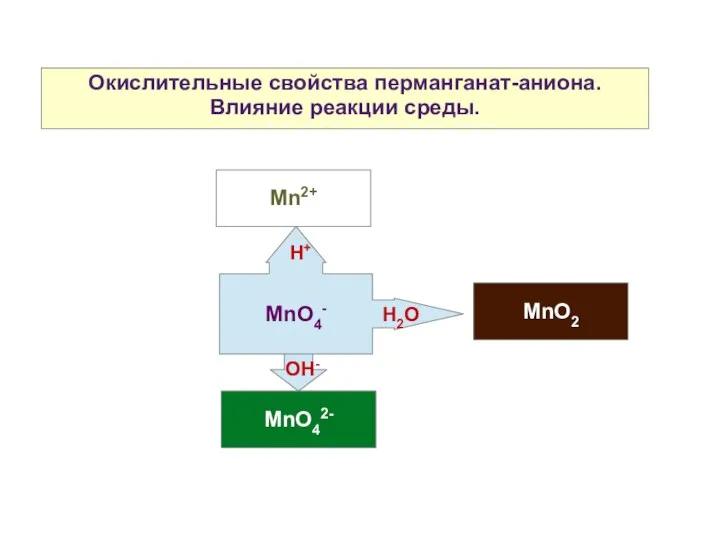 Окислительные свойства перманганат-аниона. Влияние реакции среды. Mn2+ MnO2 MnO42- MnO4- H+ H2O OH-