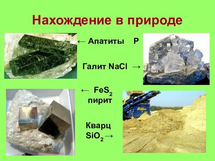 Нахождение в природе ← Апатиты Р Галит NaCl → ← FeS2 пирит Кварц SiO2 →