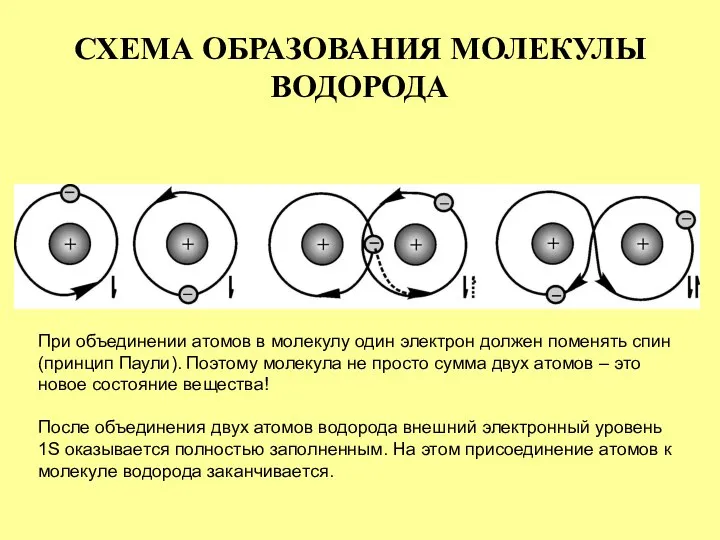 СХЕМА ОБРАЗОВАНИЯ МОЛЕКУЛЫ ВОДОРОДА При объединении атомов в молекулу один электрон