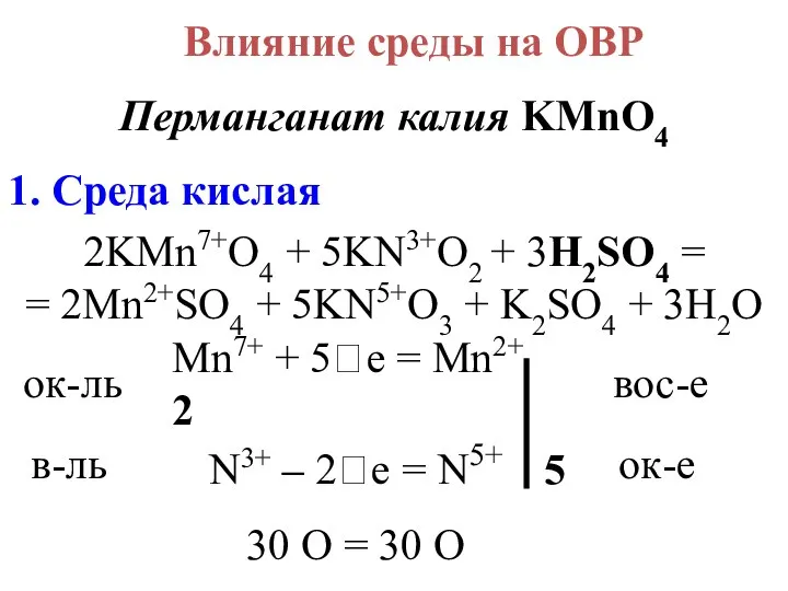 Влияние среды на ОВР Перманганат калия KMnO4 1. Среда кислая 2KMn7+O4