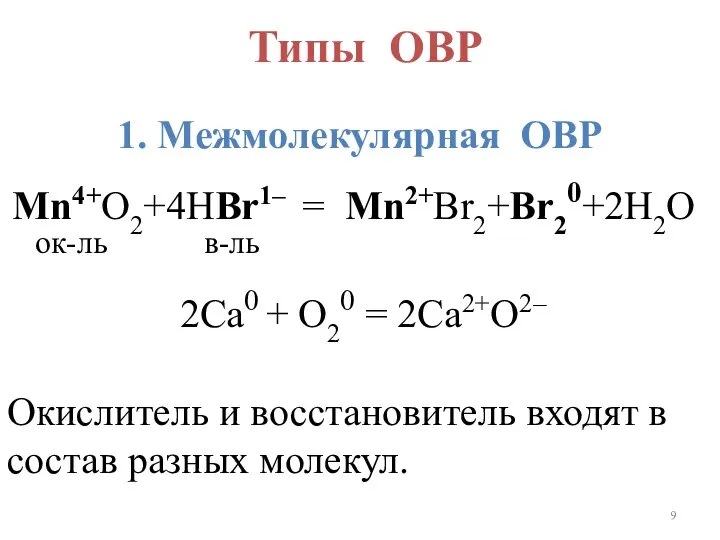 Типы ОВР 1. Межмолекулярная ОВР Mn4+O2+4HBr1– = Mn2+Br2+Br20+2H2O ок-ль в-ль Окислитель