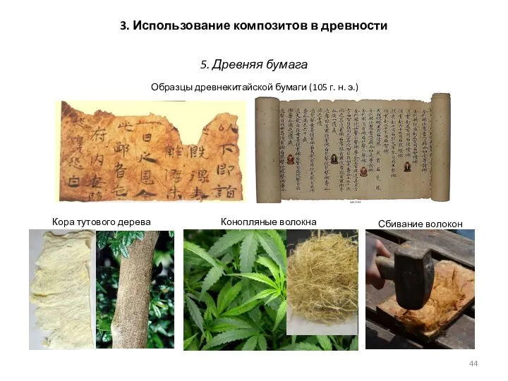 Образцы древнекитайской бумаги (105 г. н. э.) 5. Древняя бумага 3. Использование композитов в древности