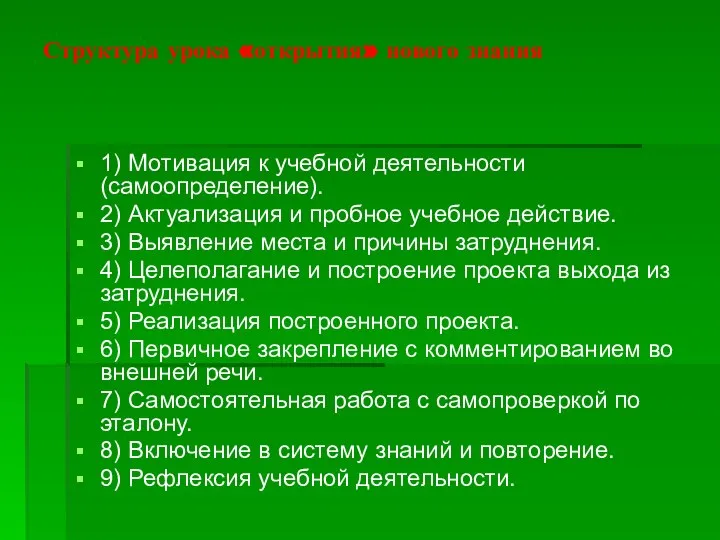 Структура урока «открытия» нового знания 1) Мотивация к учебной деятельности (самоопределение).