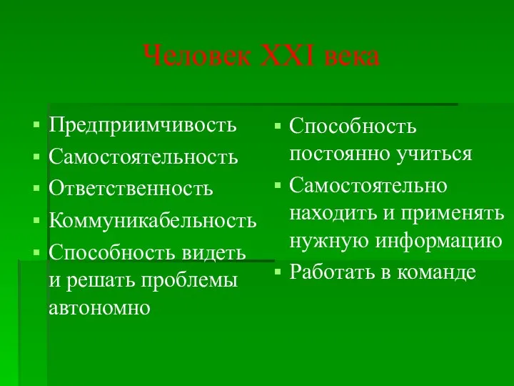 Человек XXI века Предприимчивость Самостоятельность Ответственность Коммуникабельность Способность видеть и решать