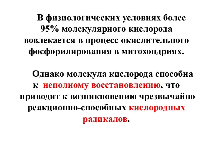 В физиологических условиях более 95% молекулярного кислорода вовлекается в процесс окислительного