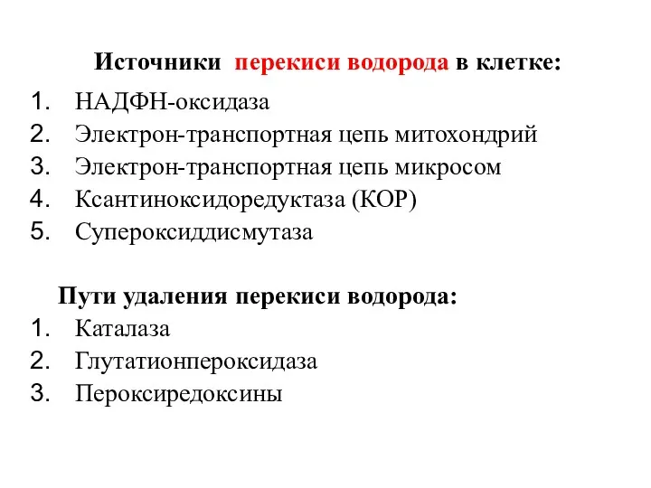 Источники перекиси водорода в клетке: НАДФН-оксидаза Электрон-транспортная цепь митохондрий Электрон-транспортная цепь