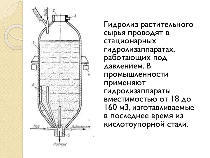 Гидролиз растительного сырья проводят в стационарных гидролизаппаратах, работающих под давлением. В