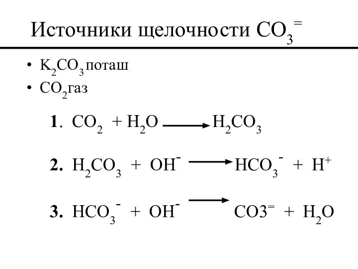 Источники щелочности CO3= K2CO3 поташ CO2 газ 1. CO2 + H2O