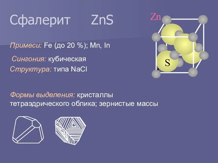 Сфалерит ZnS Примеси: Fe (до 20 %); Mn, In Структура: типа