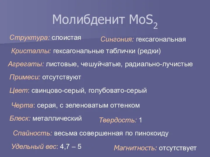 Молибденит MoS2 Примеси: отсутствуют Структура: слоистая Сингония: гексагональная Цвет: свинцово-серый, голубовато-серый