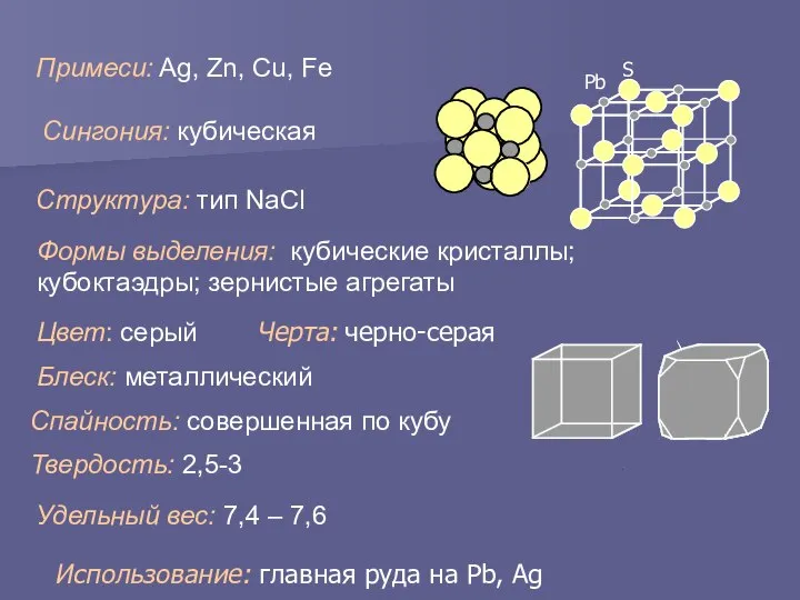 Примеси: Ag, Zn, Cu, Fe Структура: тип NaCl Сингония: кубическая Цвет: