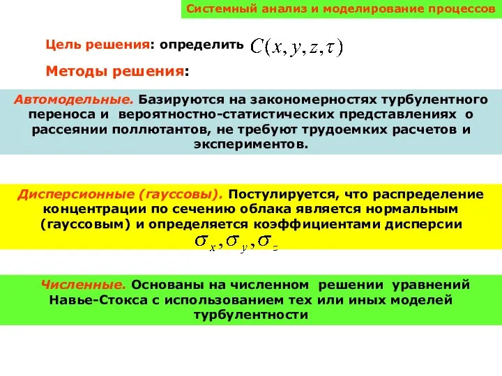 Системный анализ и моделирование процессов Цель решения: определить Методы решения: Автомодельные.