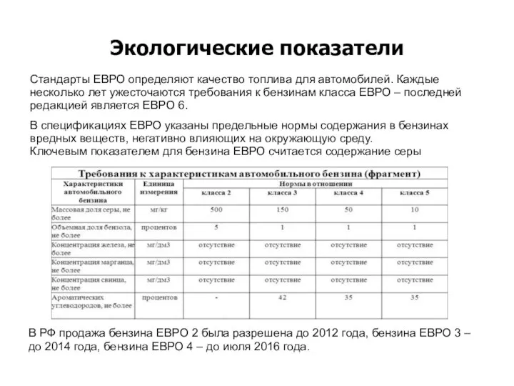 Экологические показатели Стандарты ЕВРО определяют качество топлива для автомобилей. Каждые несколько