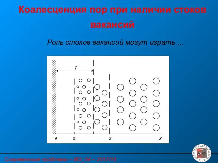 Коалесценция пор при наличии стоков вакансий Роль стоков вакансий могут играть