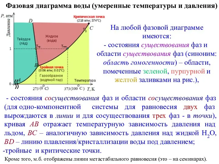 Фазовая диаграмма воды (умеренные температуры и давления) - состояния сосуществования фаз