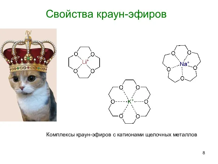 Свойства краун-эфиров Комплексы краун-эфиров с катионами щелочных металлов
