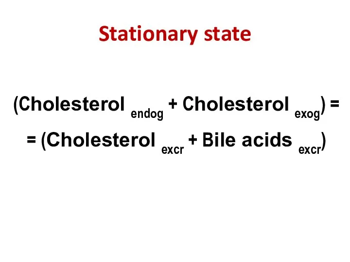 Stationary state (Cholesterol endog + Cholesterol exog) = = (Cholesterol excr + Bile acids excr)