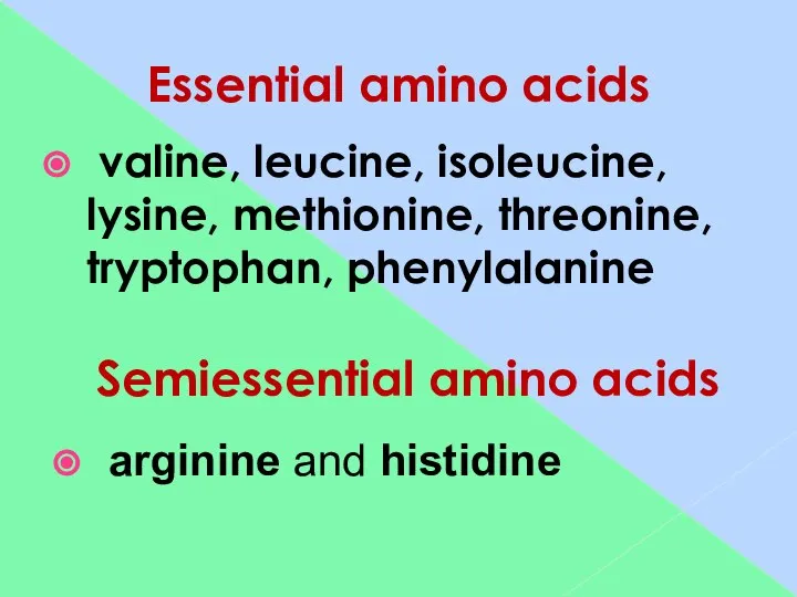 Essential amino acids valine, leucine, isoleucine, lysine, methionine, threonine, tryptophan, phenylalanine