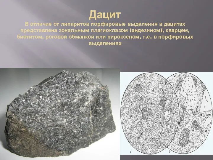 Дацит В отличие от липаритов порфировые выделения в дацитах представлена зональным