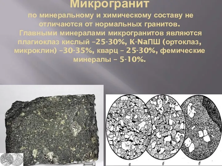 Микрогранит по минеральному и химическому составу не отличаются от нормальных гранитов.