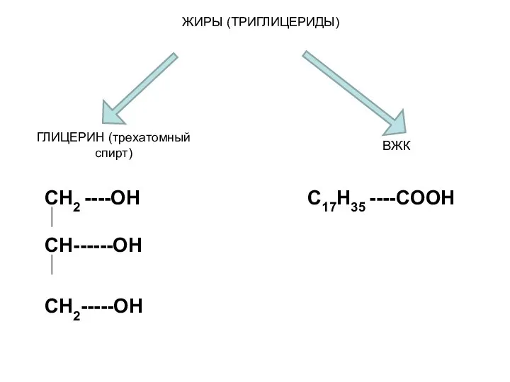 ЖИРЫ (ТРИГЛИЦЕРИДЫ) ГЛИЦЕРИН (трехатомный спирт) ВЖК CH2 ----OH CH------OH CH2-----OH C17H35 ----COOH