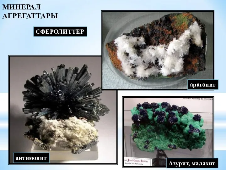 СФЕРОЛИТТЕР антимонит арагонит Азурит, малахит МИНЕРАЛ АГРЕГАТТАРЫ