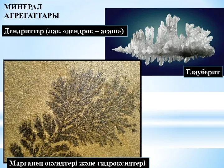 Дендриттер (лат. «дендрос – ағаш») Марганец оксидтері және гидроксидтері Глауберит МИНЕРАЛ АГРЕГАТТАРЫ
