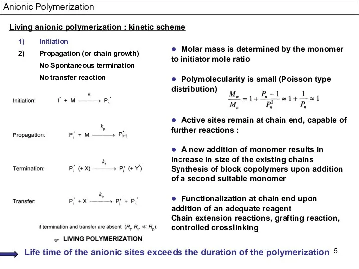 Living anionic polymerization : kinetic scheme Initiation Propagation (or chain growth)