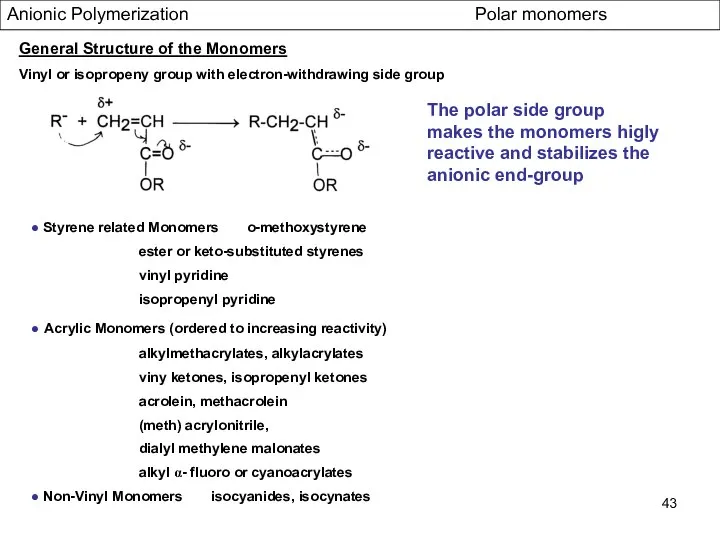 Anionic Polymerization Polar monomers General Structure of the Monomers Vinyl or