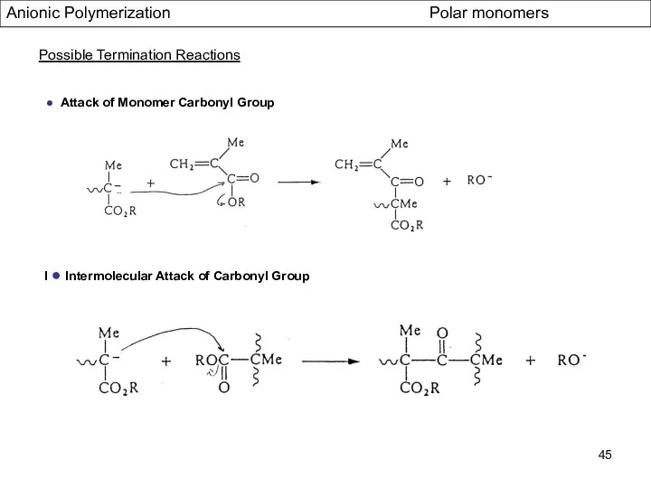 Anionic Polymerization Polar monomers Possible Termination Reactions ● Attack of Monomer