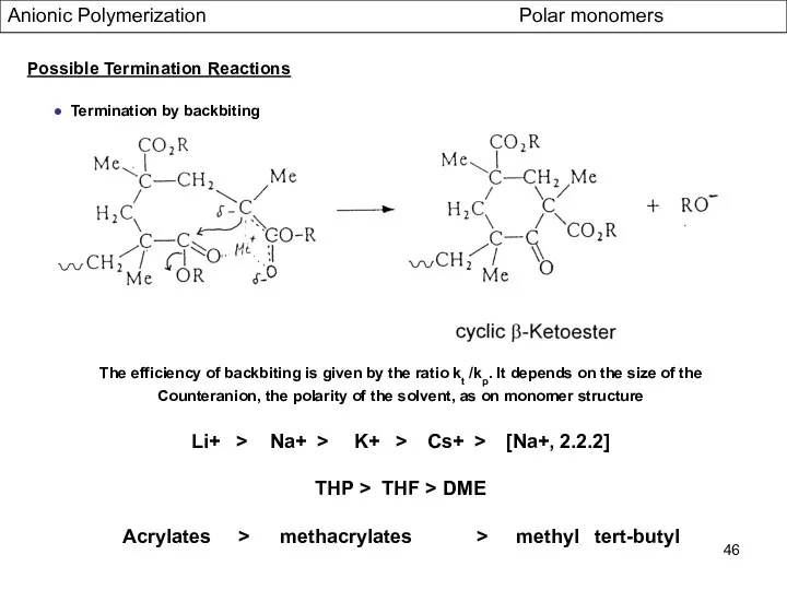 Anionic Polymerization Polar monomers Possible Termination Reactions ● Termination by backbiting