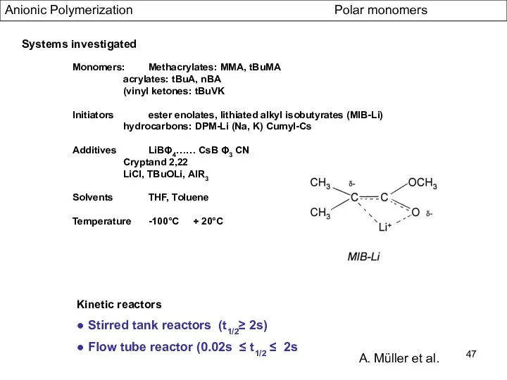 Anionic Polymerization Polar monomers Systems investigated Monomers: Methacrylates: MMA, tBuMA acrylates: