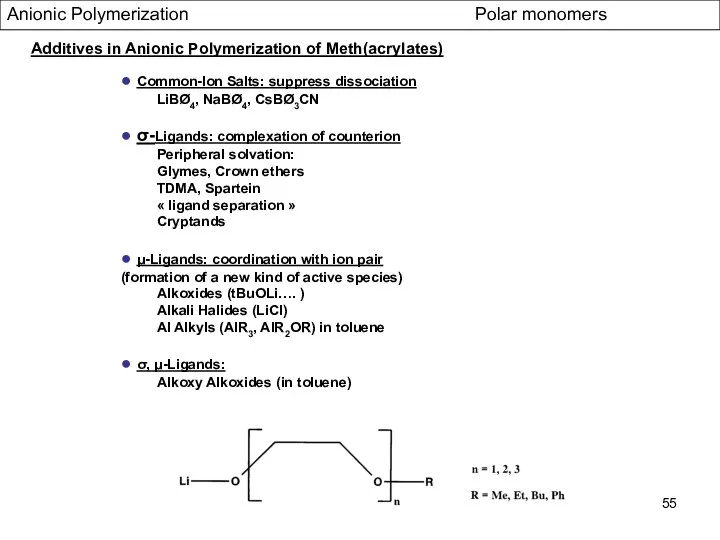 Anionic Polymerization Polar monomers Additives in Anionic Polymerization of Meth(acrylates) ●