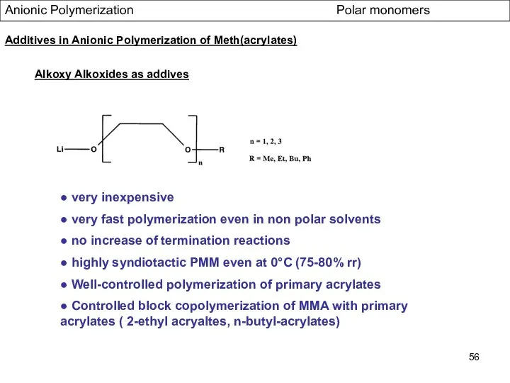 Alkoxy Alkoxides as addives Anionic Polymerization Polar monomers Additives in Anionic