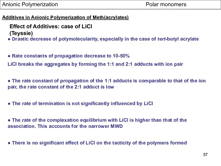 Anionic Polymerization Polar monomers Effect of Additives: case of LiCl (Teyssie)