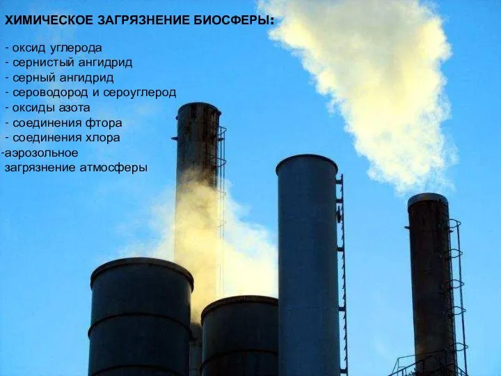 ХИМИЧЕСКОЕ ЗАГРЯЗНЕНИЕ БИОСФЕРЫ: - оксид углерода - сернистый ангидрид - серный