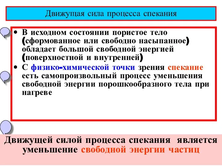 Движущая сила процесса спекания В исходном состоянии пористое тело (сформованное или