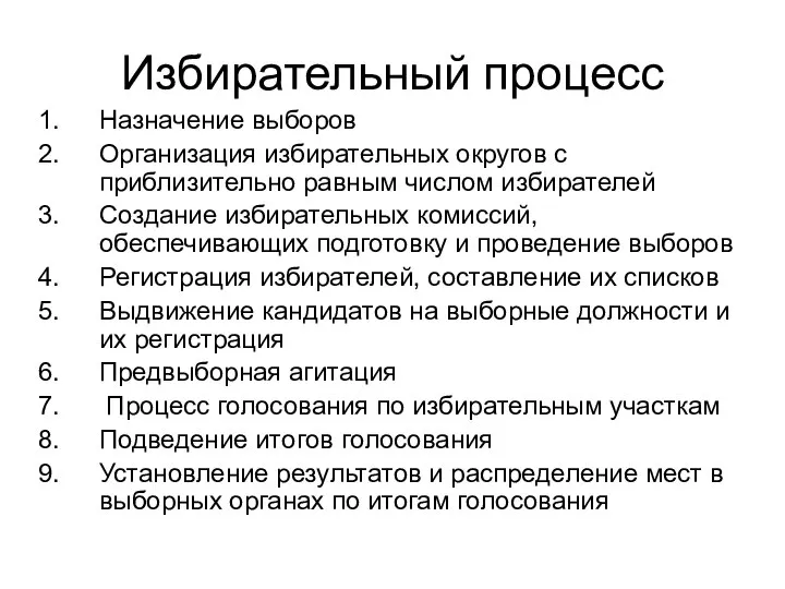 Избирательный процесс Назначение выборов Организация избирательных округов с приблизительно равным числом