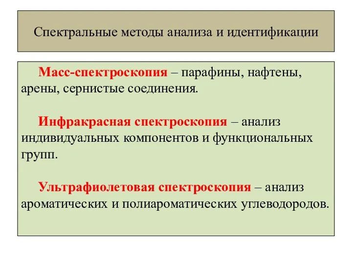 Спектральные методы анализа и идентификации Масс-спектроскопия – парафины, нафтены, арены, сернистые