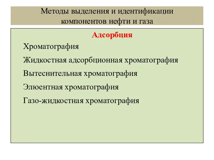 Методы выделения и идентификации компонентов нефти и газа Адсорбция Хроматография Жидкостная