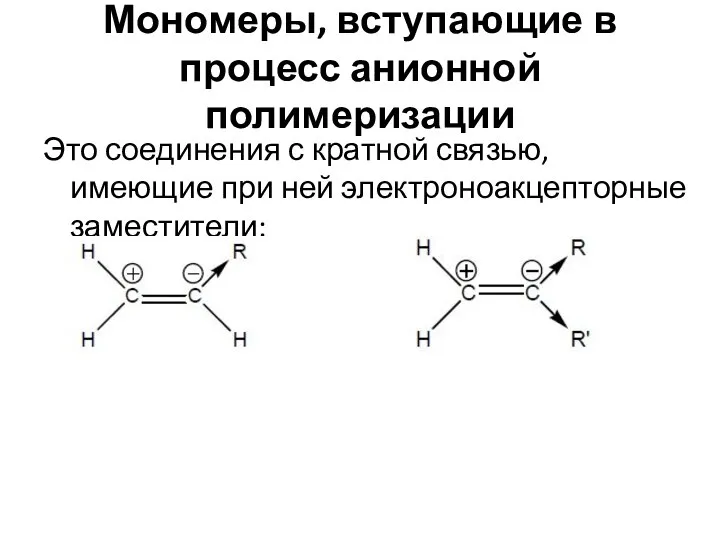 Мономеры, вступающие в процесс анионной полимеризации Это соединения с кратной связью, имеющие при ней электроноакцепторные заместители: