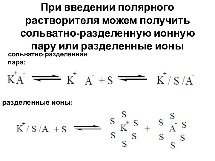 При введении полярного растворителя можем получить сольватно-разделенную ионную пару или разделенные ионы сольватно-разделенная пара: разделенные ионы: