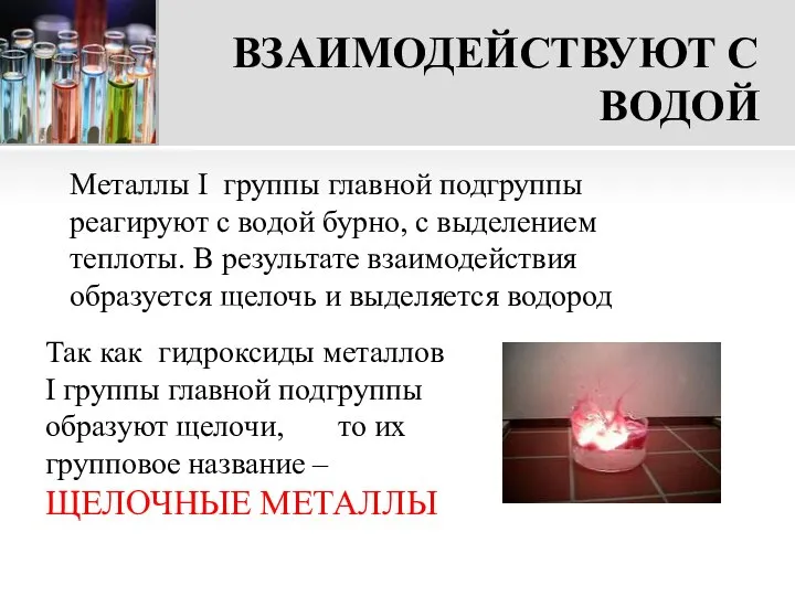 ВЗАИМОДЕЙСТВУЮТ С ВОДОЙ Металлы I группы главной подгруппы реагируют с водой