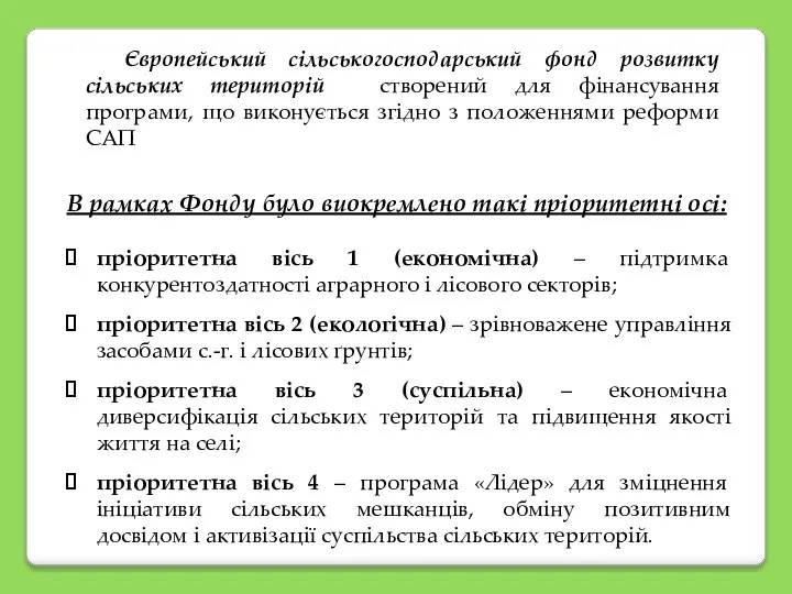 В рамках Фонду було виокремлено такі пріоритетні осі: пріоритетна вісь 1