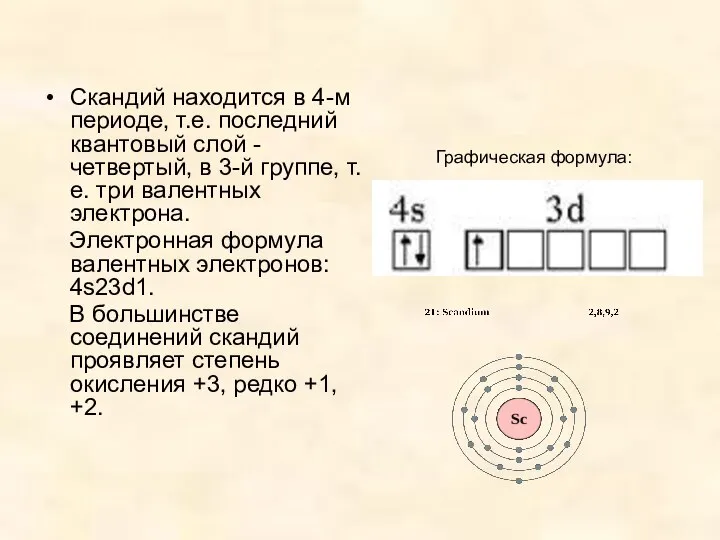 Графическая формула: Скандий находится в 4-м периоде, т.е. последний квантовый слой