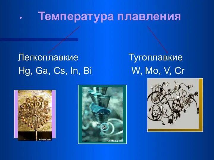 Температура плавления Легкоплавкие Тугоплавкие Hg, Ga, Cs, In, Bi W, Mo, V, Cr