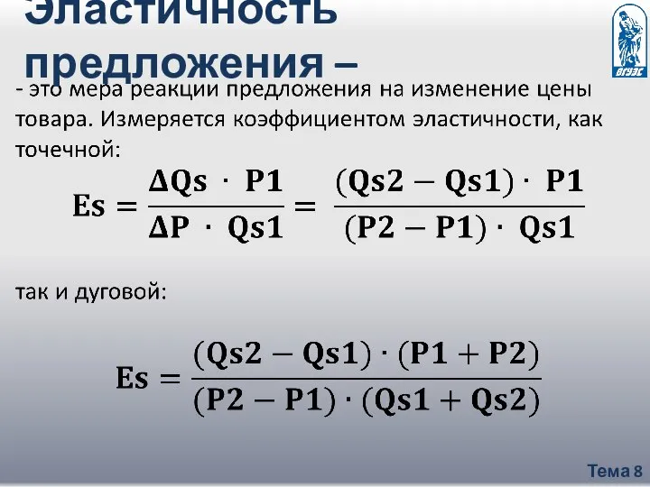 Тема 8 Эластичность предложения –