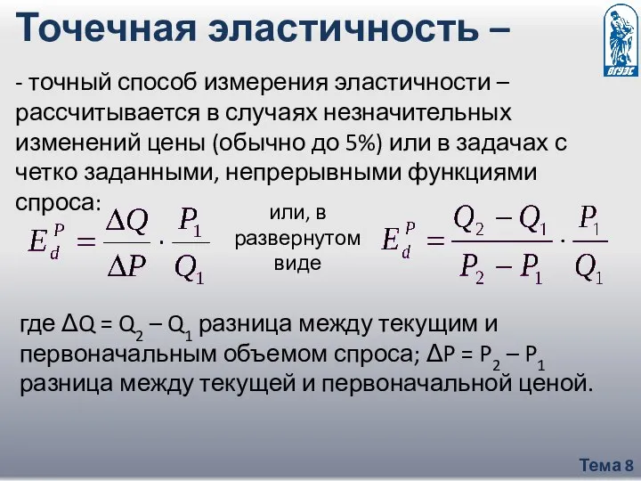 Тема 8 Точечная эластичность – - точный способ измерения эластичности –